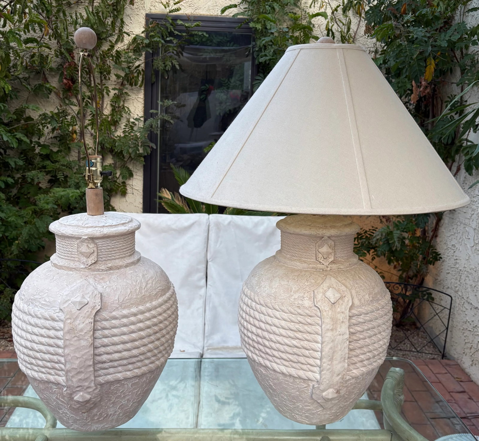 1980's Postmodern Plaster Rope and Handles Table Lamps With Shades, a Pair - 2