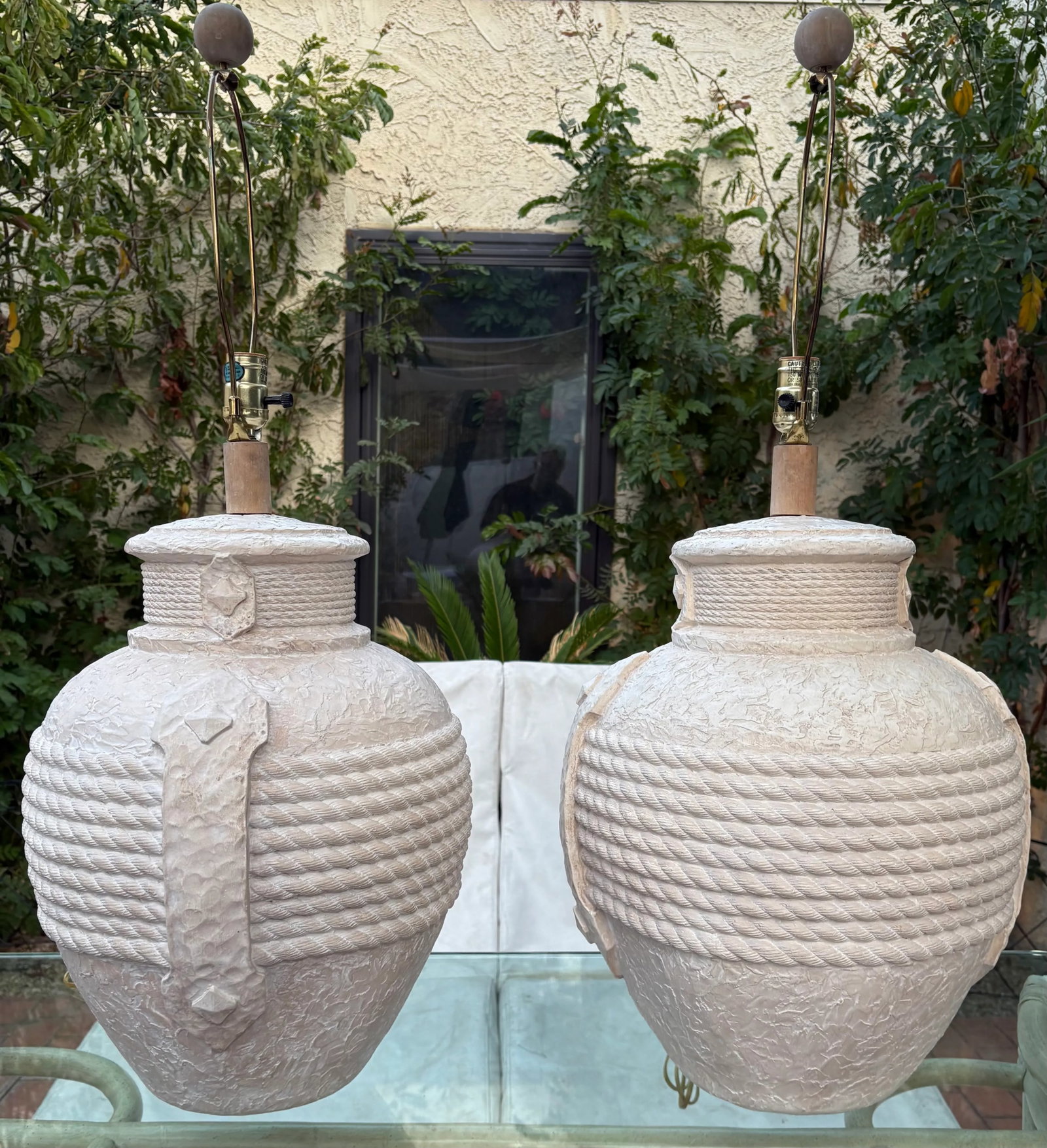 1980's Postmodern Plaster Rope and Handles Table Lamps With Shades, a Pair - 3