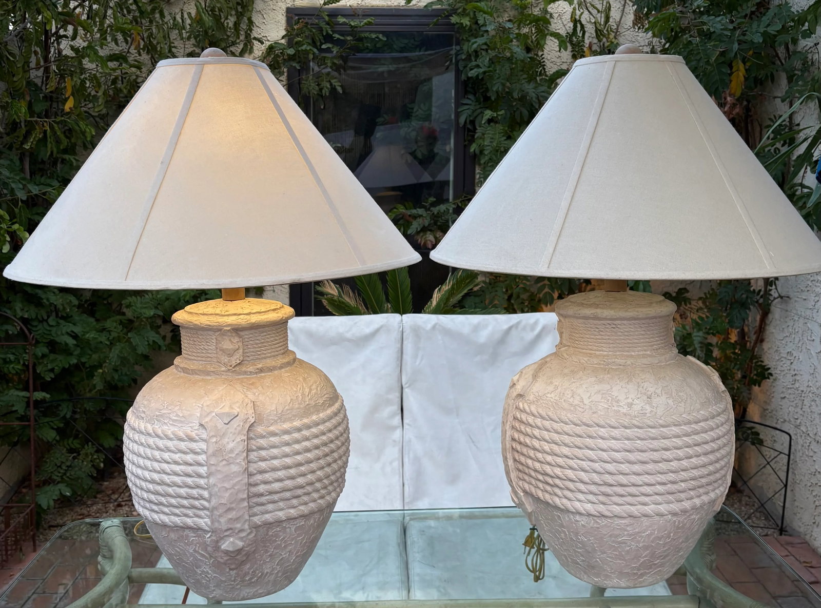 1980's Postmodern Plaster Rope and Handles Table Lamps With Shades, a Pair - 4