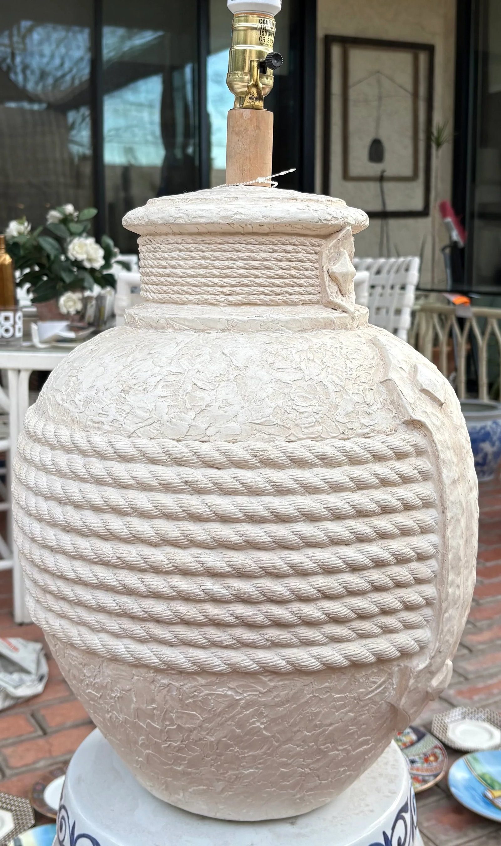 1980's Postmodern Plaster Rope and Handles Table Lamps With Shades, a Pair - 6