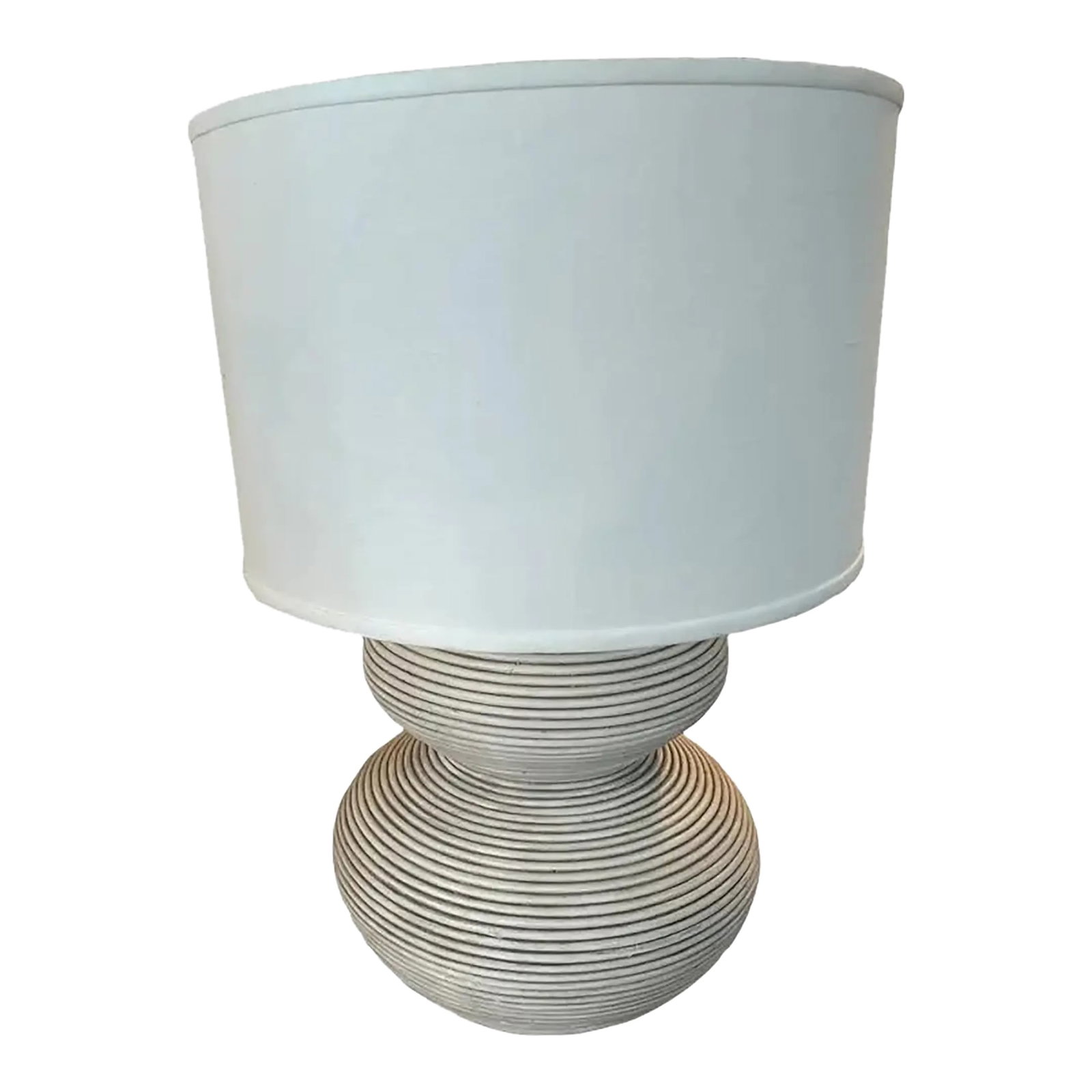 Palecek Hewitt Table Lamp Tall Whitewash Rattan: Hewitt Table Lamp Tall Whitewash Rattan Pencil pole rattan in a coil weave design with a whitewash finish topped with a textured linen drum shade & an aluminum cylinder shaped finial. The Hewitt