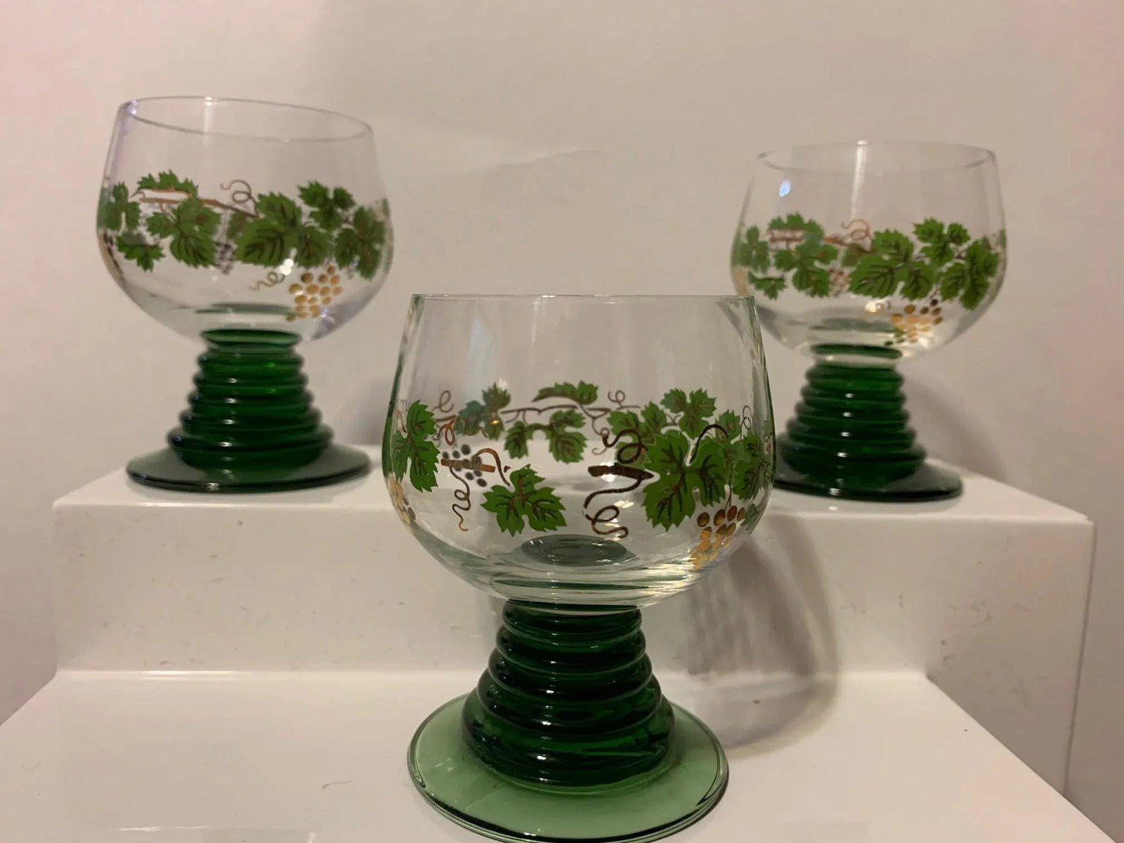 1950s Mid-Century Grape Green Cocktail Glasses With Green Rings Base - Set of 5 Pieces - 2