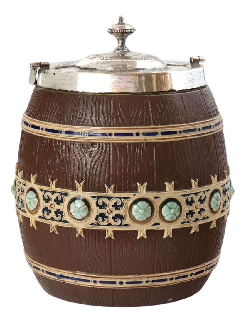 Antique Villeroy & Boch Mettlach Ice Bucket / Biscuit Barrel: This stunning Villeroy & Boch Mettlach biscuit barrel, with its rich barrel design, intricate raised detailing, and vibrant glazed accents, was originally crafted to hold biscuits. Featuring a