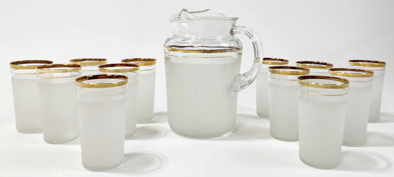 Vintage Etched Glass Gold Rimmed Pitcher and 12 Glasses, Set of 13 - 2