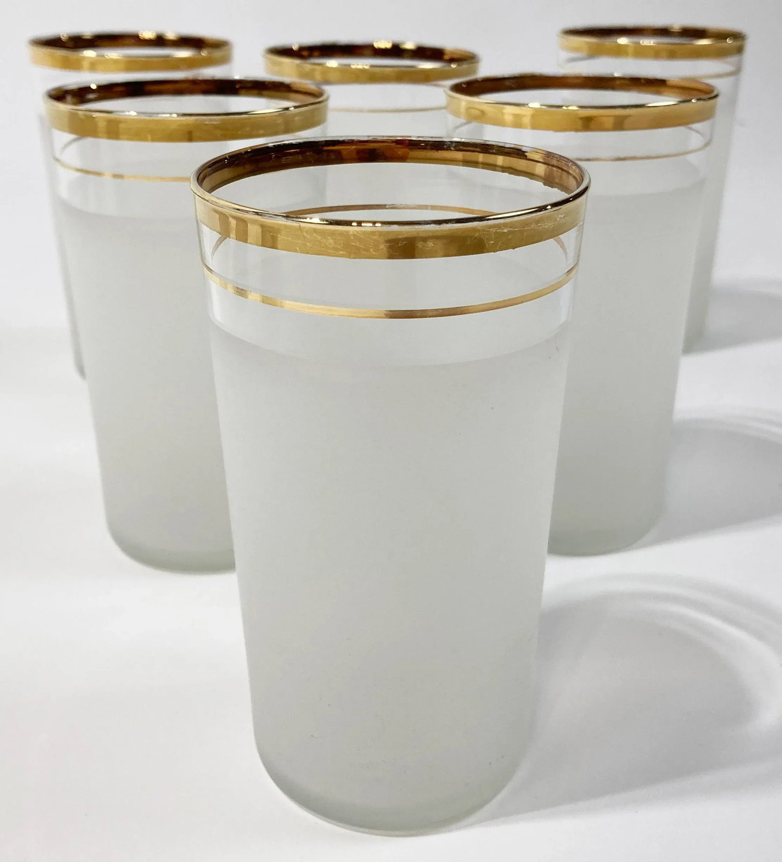 Vintage Etched Glass Gold Rimmed Pitcher and 12 Glasses, Set of 13 - 3