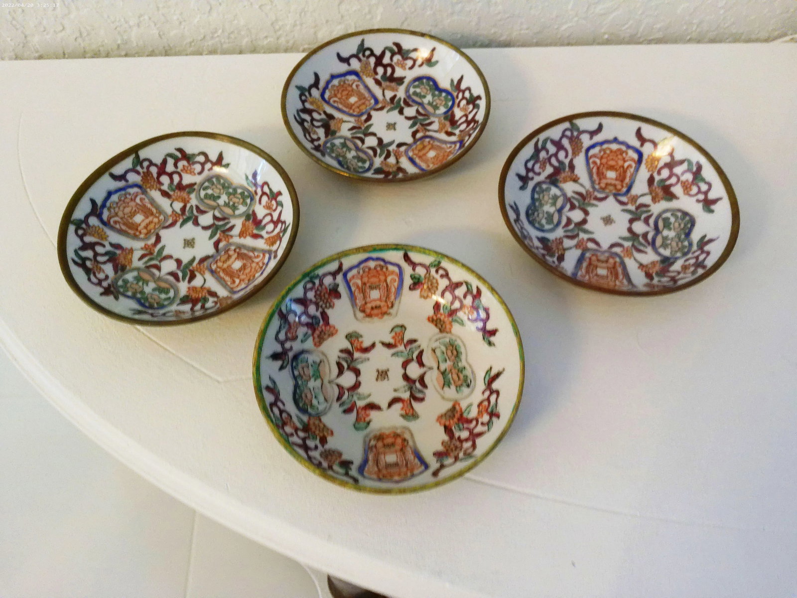 Mid-Century Chinese Brass Encased Porcelain Bowls, Set of 4 - 2