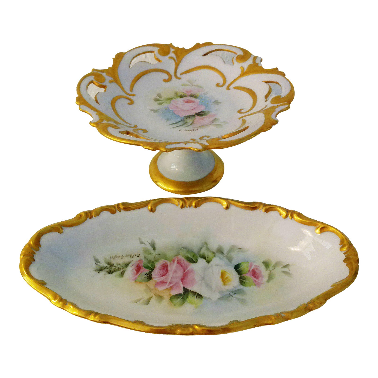 Mid-Century Floral Porcelain Vanity Set, a Pair: Exquisite vintage fine porcelain vanity set includes a pedestal dish, (7.5"Dia x 4"H), and oblong bowl, (9.75"L x 5"W x 1.75"H). Each piece is hand-painted in a delicate rose motif in pastel shades