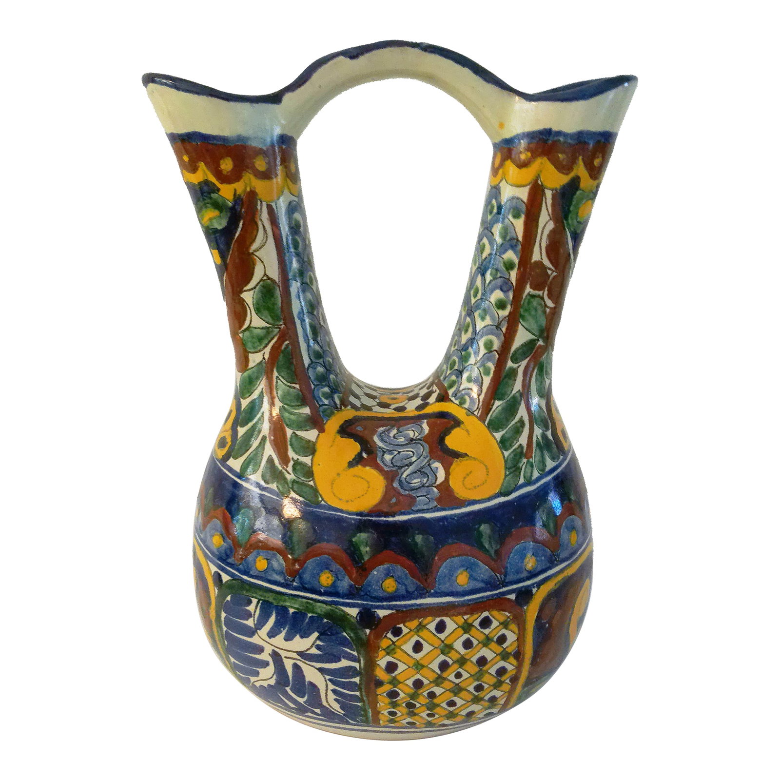 Vintage Large Mexican Talavera Pottery Wedding Vase: Colorful large vintage Mexican Talavera pottery wedding vase featuring a vibrant, hand-painted all-over traditional motif. Excellent condition. Condition: Alterations: Original Condition Unaltered
