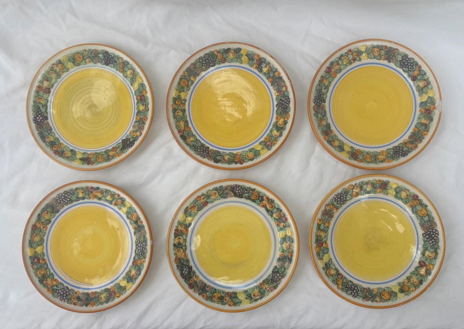 1950's Italian Majolica Fruit Border Yellow Salad Plates in the Style of Dellarobbia- Set of 6 - 11