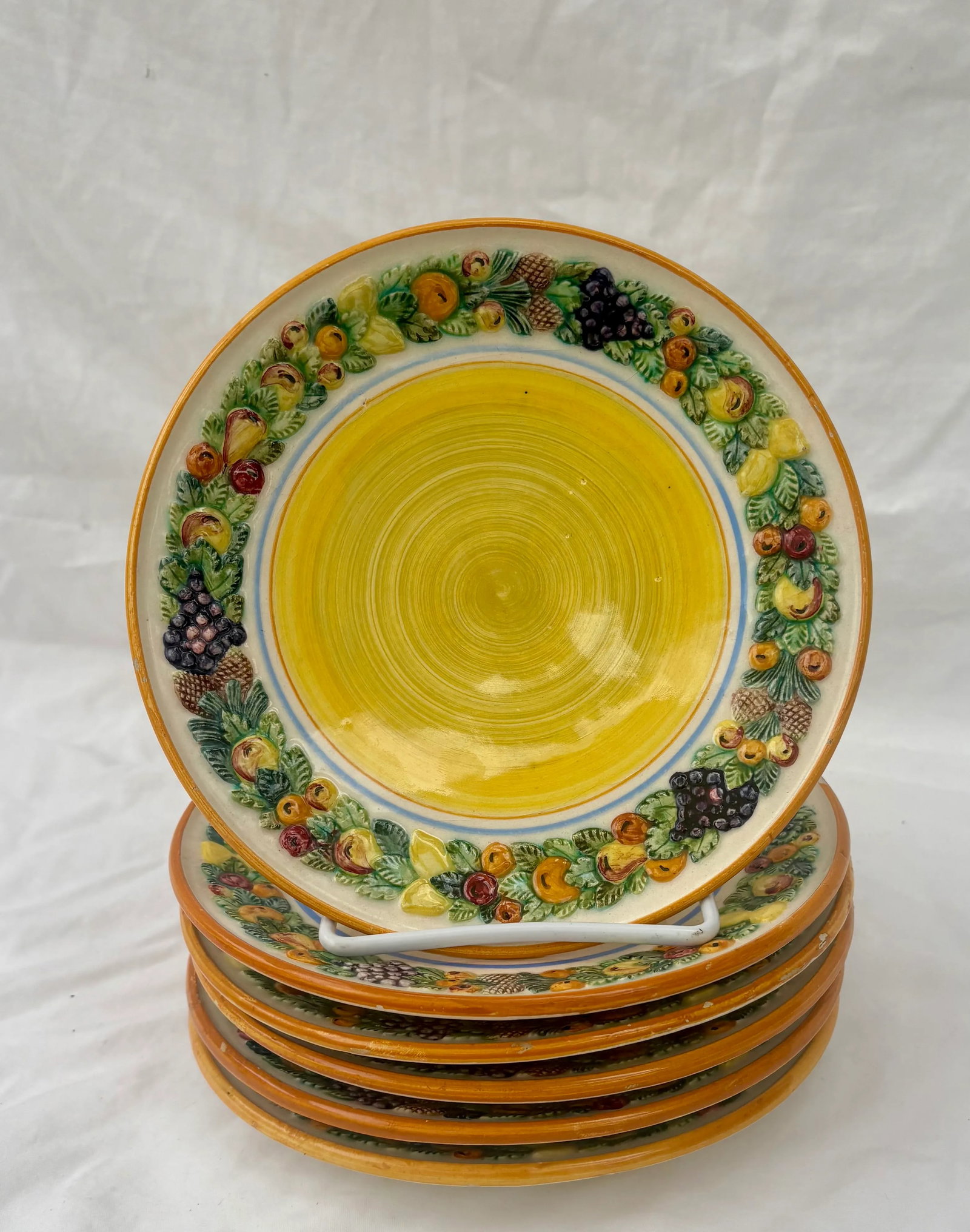 1950's Italian Majolica Fruit Border Yellow Salad Plates in the Style of Dellarobbia- Set of 6 - 12