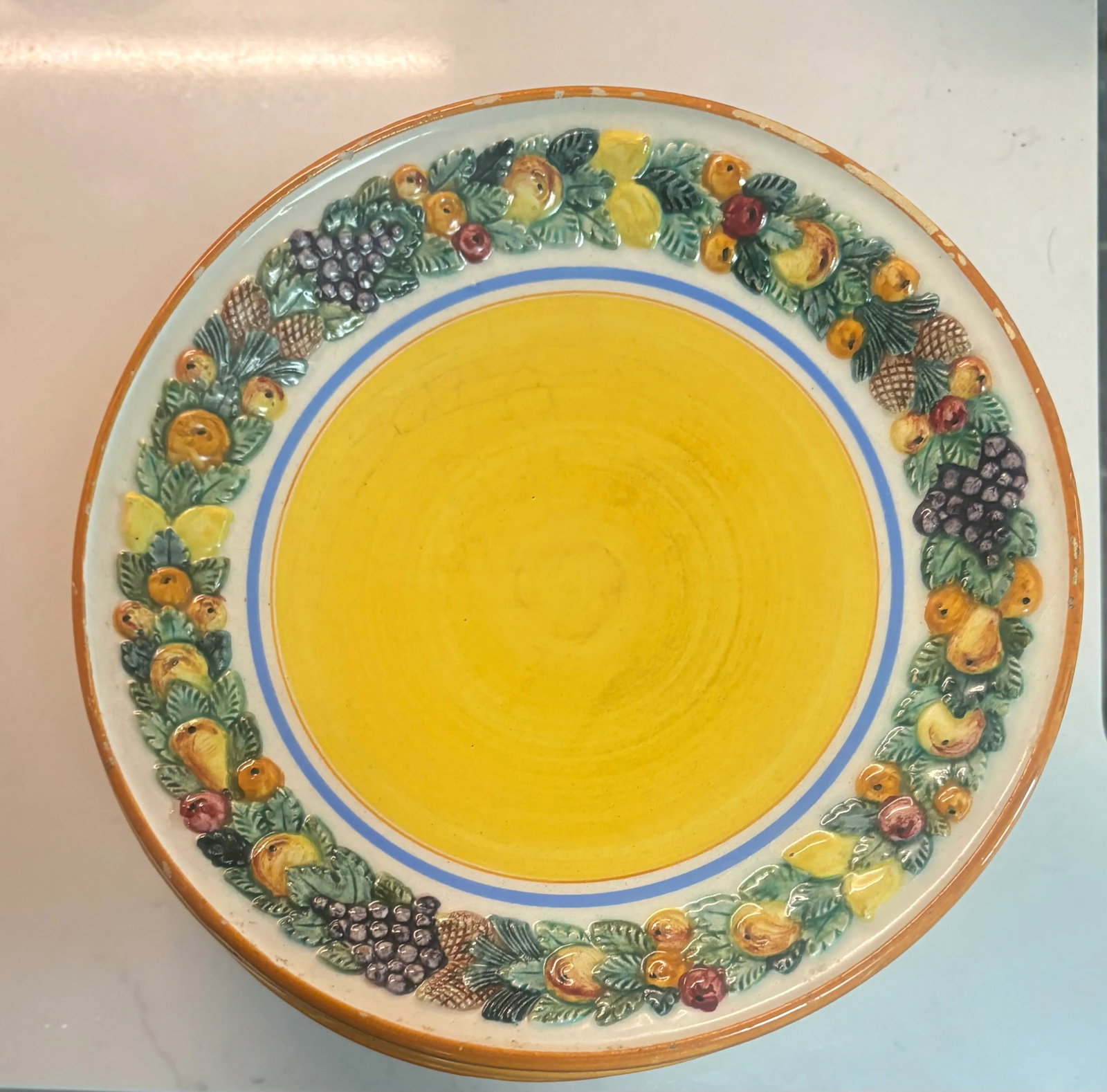 1950's Italian Majolica Fruit Border Yellow Salad Plates in the Style of Dellarobbia- Set of 6 - 3