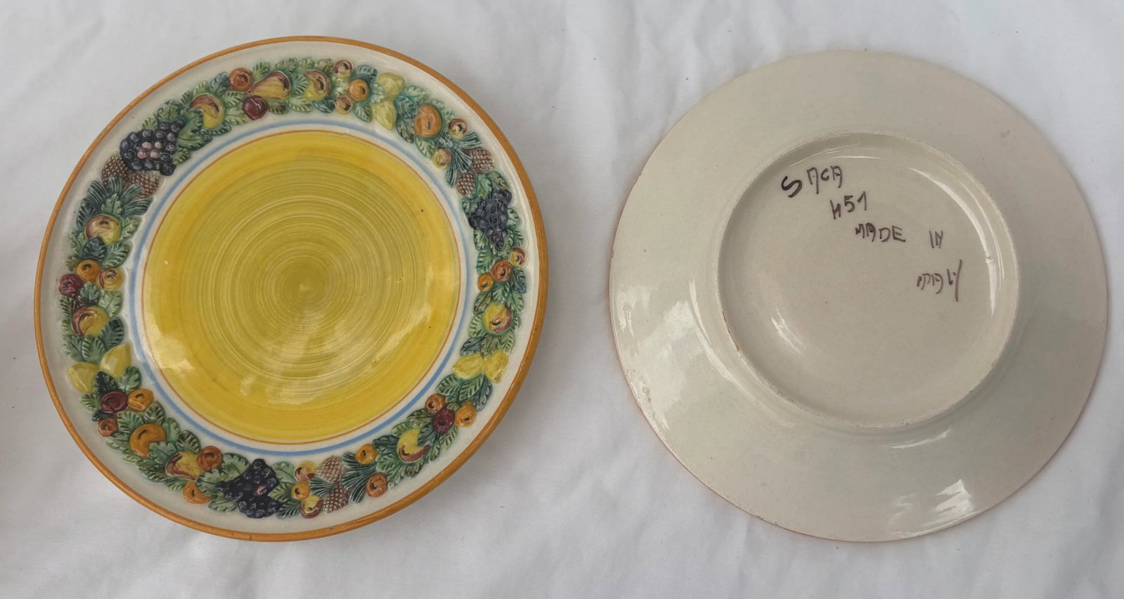 1950's Italian Majolica Fruit Border Yellow Salad Plates in the Style of Dellarobbia- Set of 6 - 4