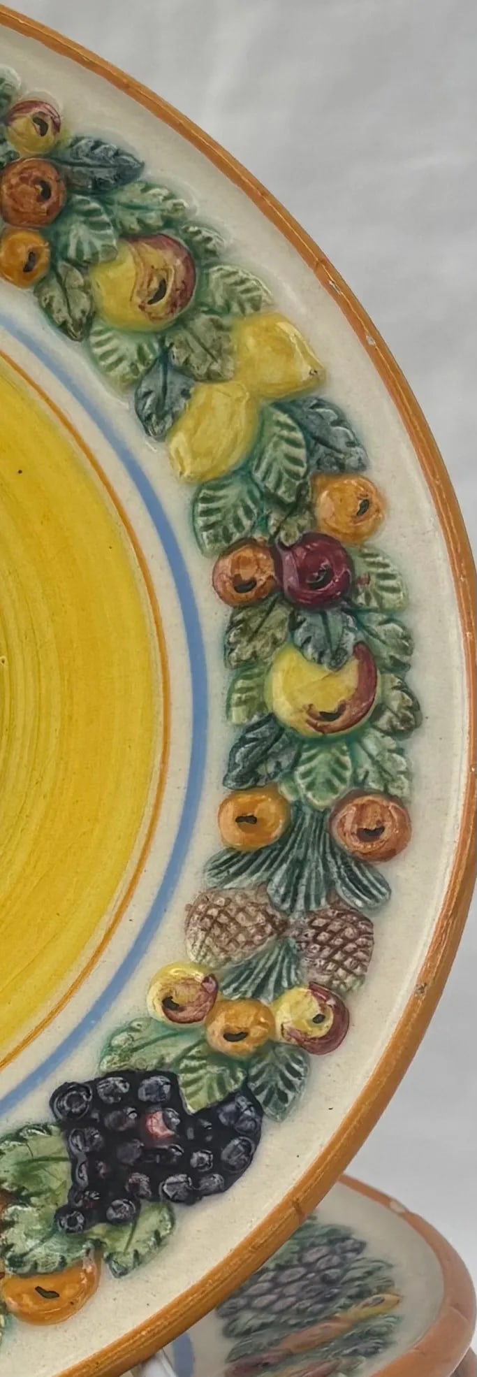 1950's Italian Majolica Fruit Border Yellow Salad Plates in the Style of Dellarobbia- Set of 6 - 6