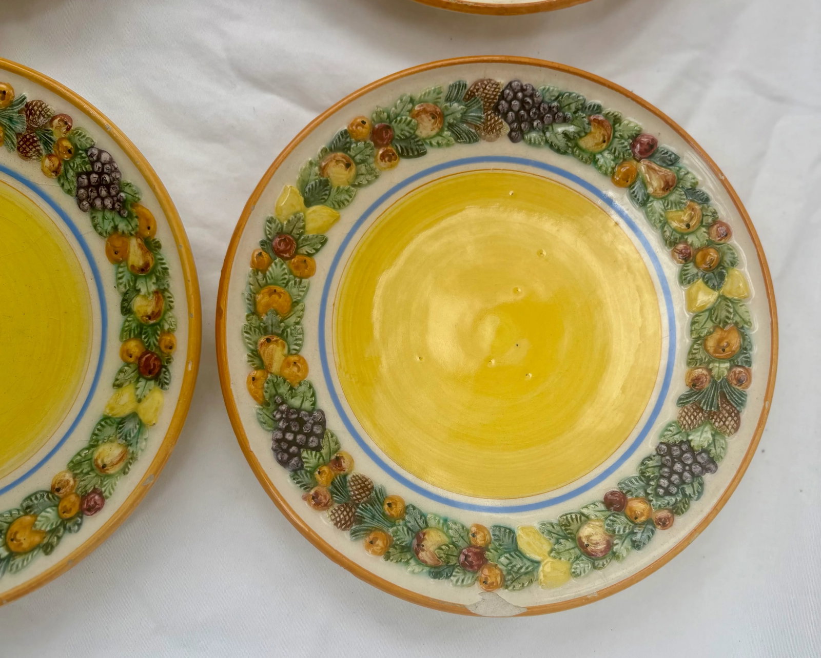 1950's Italian Majolica Fruit Border Yellow Salad Plates in the Style of Dellarobbia- Set of 6 - 9