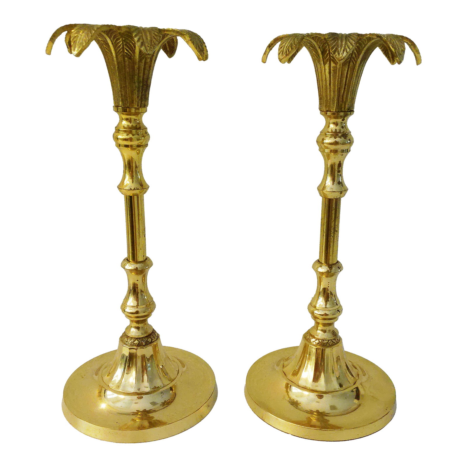 1980s Polished Brass Palm Tree Figural Candle Holders, a Pair: Elegant pair of vintage polished brass figural candle holders in a palm tree motif. Each holds one taper candle. No maker's marks. Condition: Alterations: Original Condition Unaltered Imperfections: