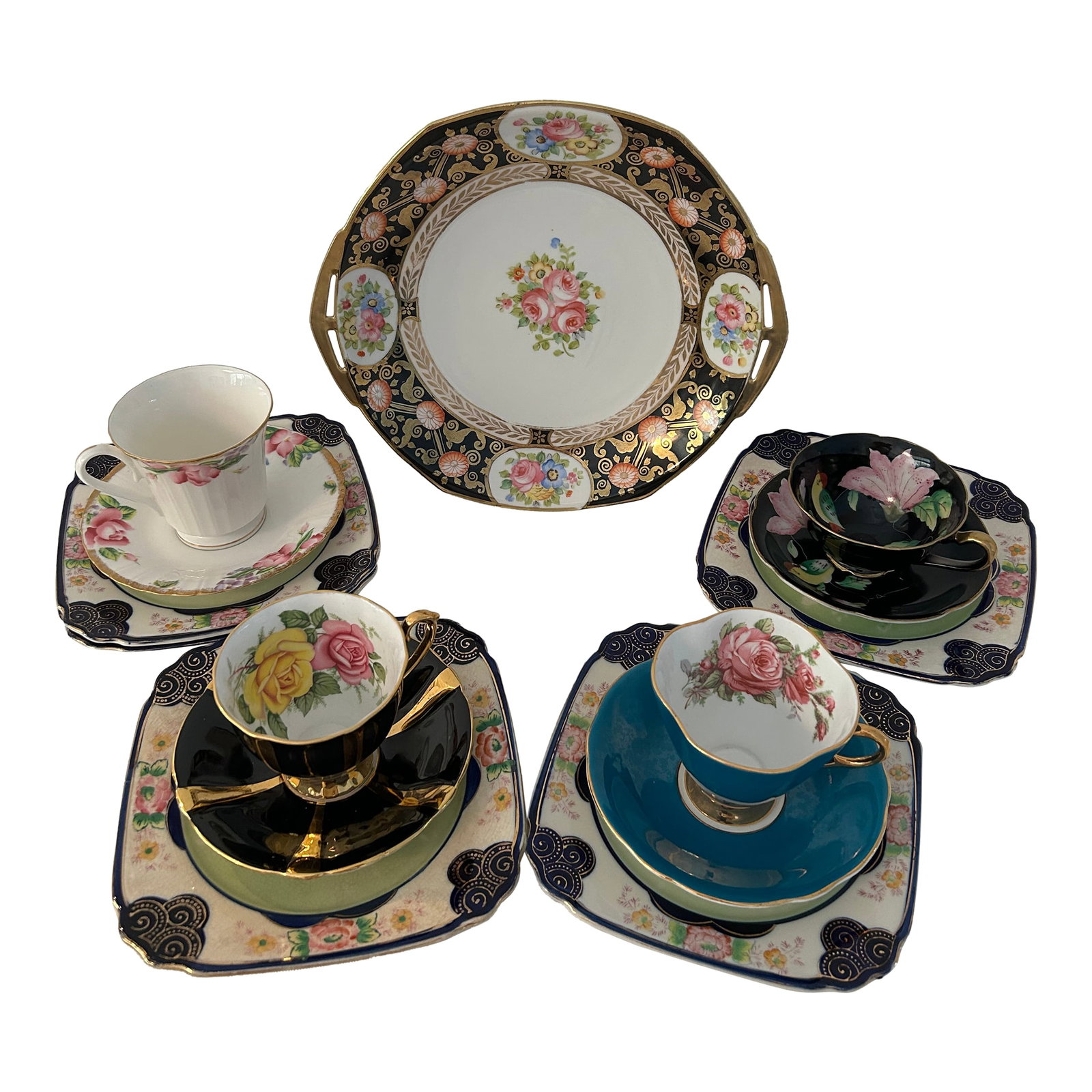 Vintage Curated Victorian Dessert Set, 15 Pcs: Beautifully curated, nicely matched, dessert set features one porcelain double handled plate, (11"L x 10.25"W x 2"H), six dessert plates, (7.25"Dia x .75"H) four cups, (from smallest, 5"L x 4"W x