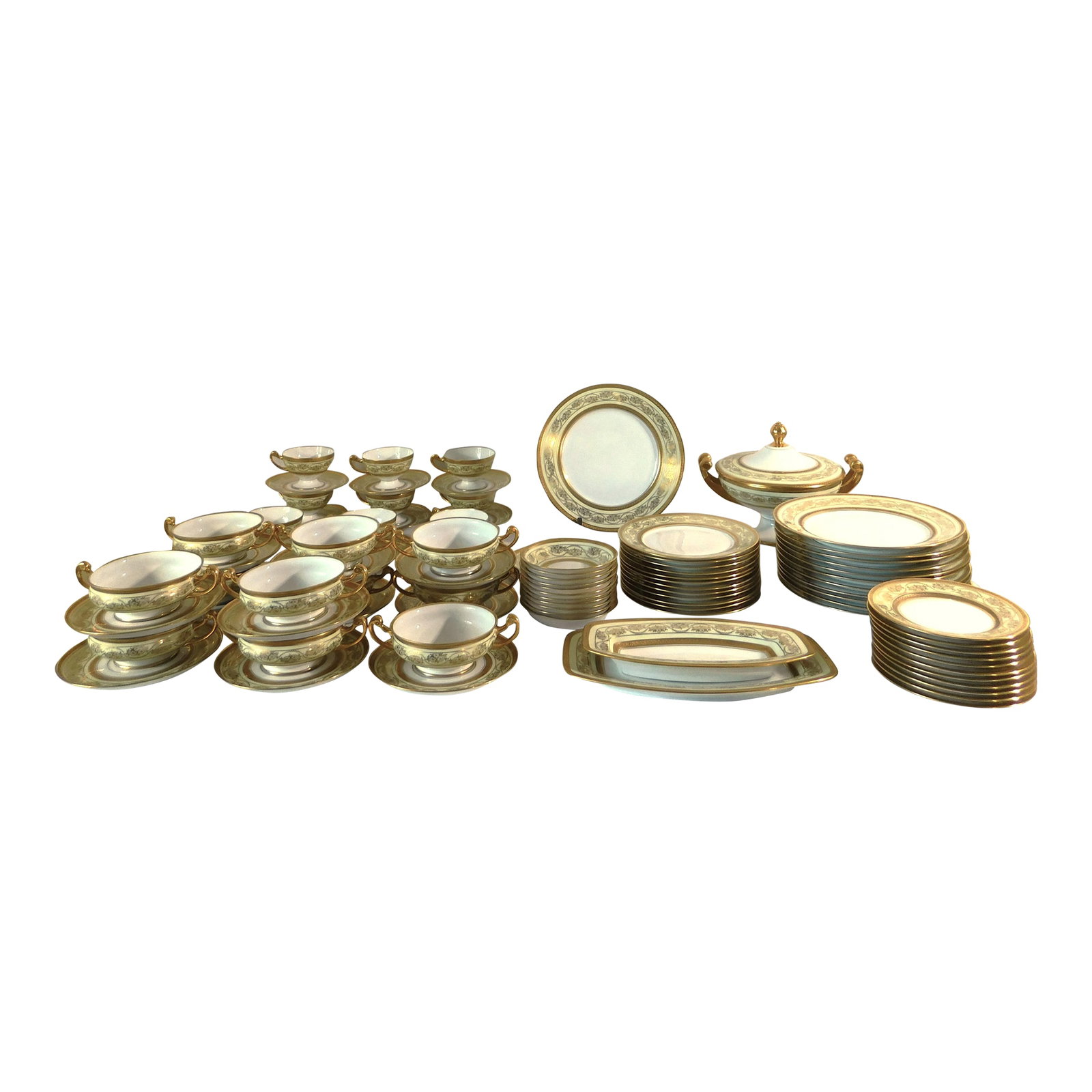 Antique Hutschenreuther Selb Bavaria Gold Encrusted 94pc Dinnerware China Set Service for 12: Gorgeous antique Hutschenreuther gold encrusted 94-piece dinnerware set. Service for 12 plus some serving pieces. Circa 1925-1939. Made by Hutschenreuther Selb in Bavaria - marked as shown. Stunning p