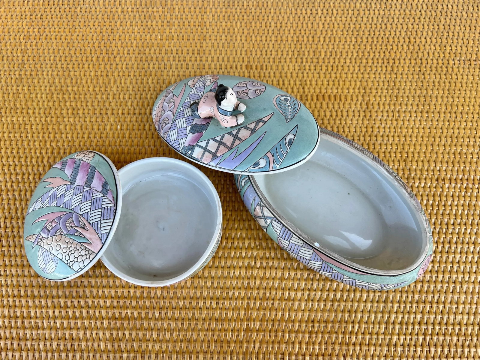 Vintage Asian Cloisino Turquoise Ceramic Boxes - Set of 2 - 2