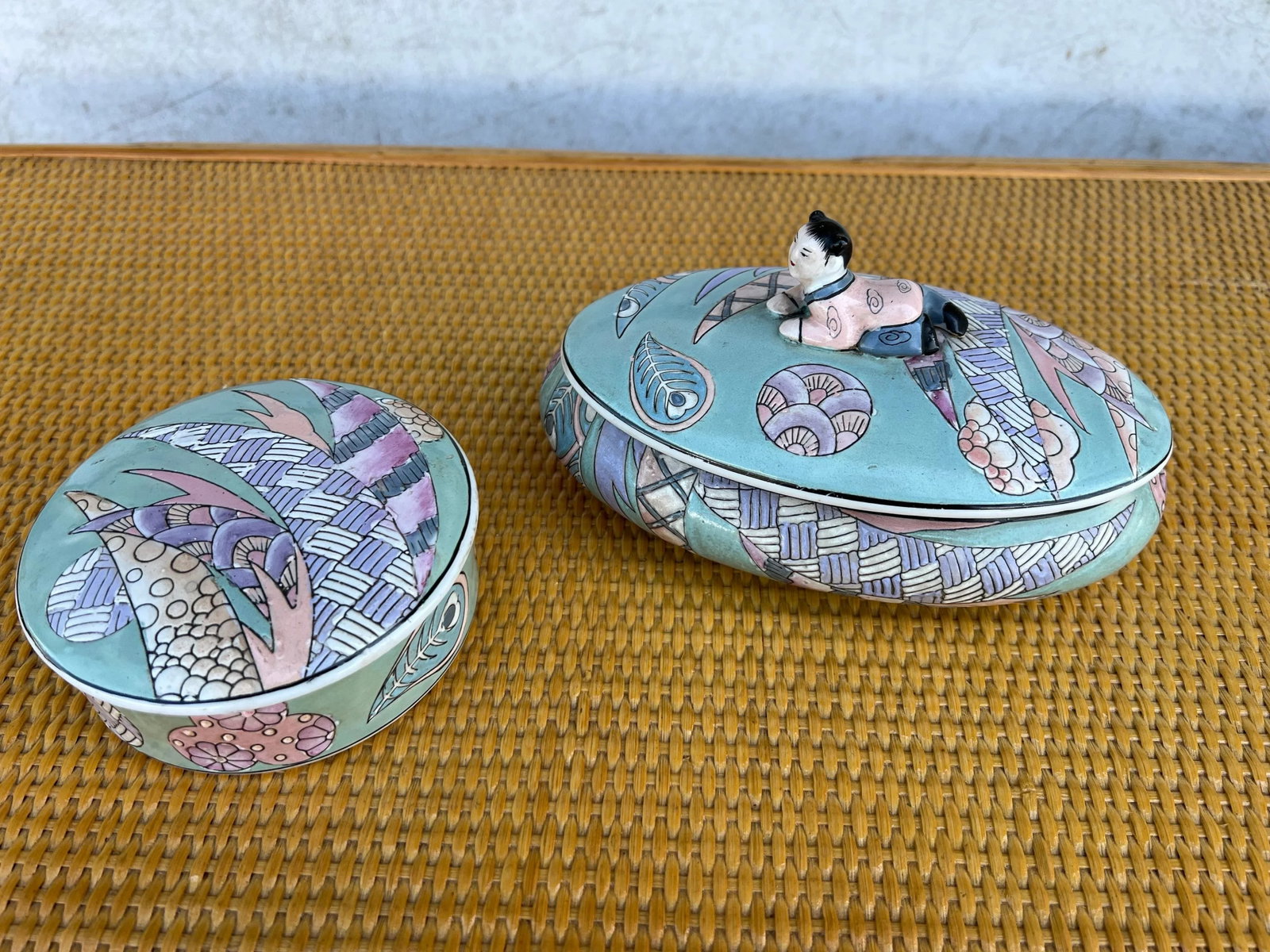 Vintage Asian Cloisino Turquoise Ceramic Boxes - Set of 2 - 3