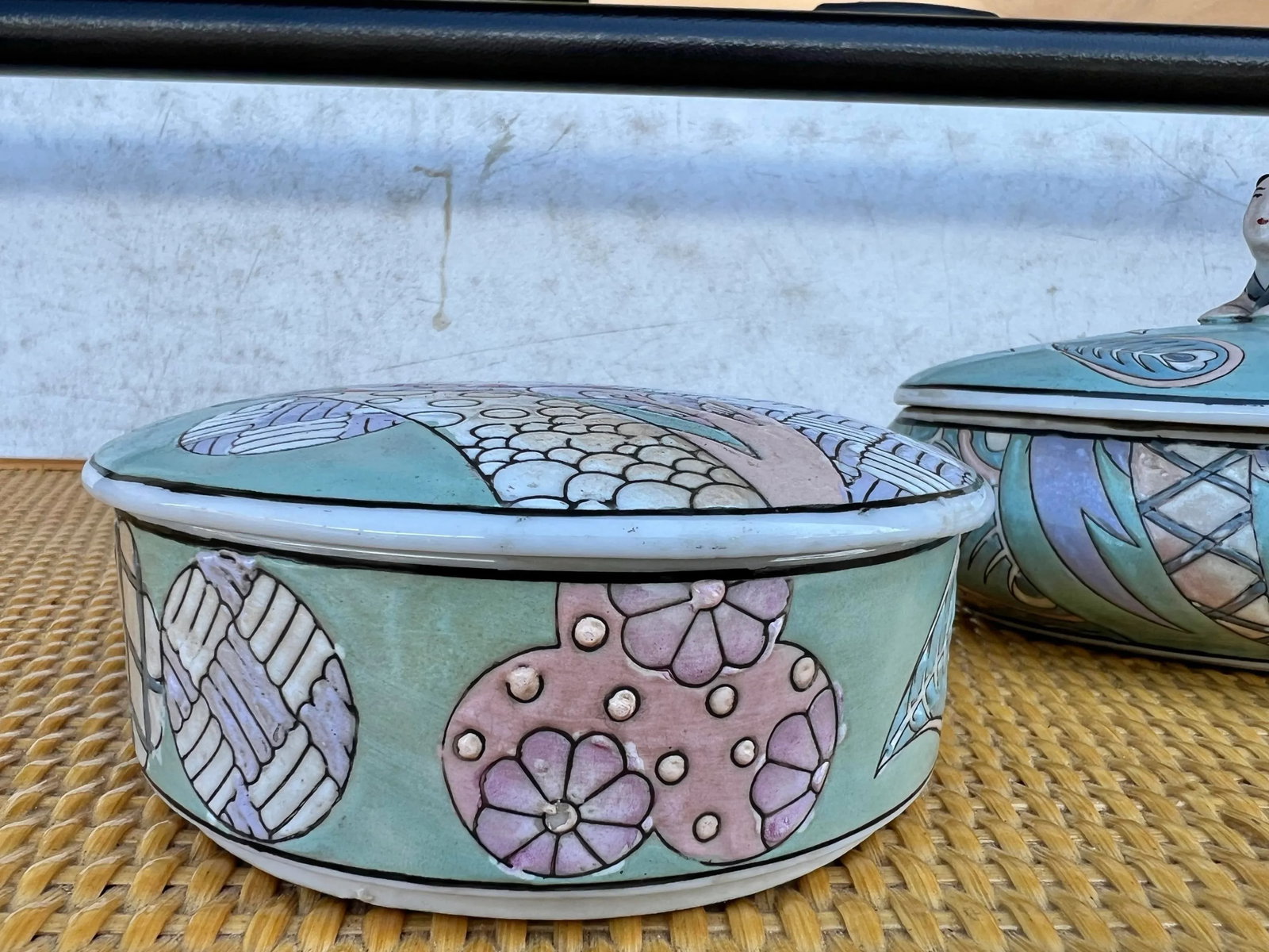 Vintage Asian Cloisino Turquoise Ceramic Boxes - Set of 2 - 4