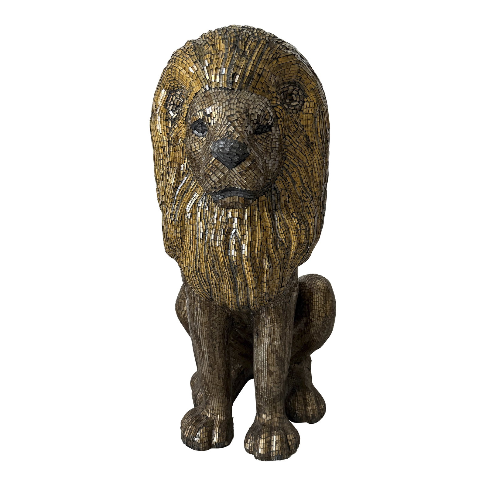 1990s Mosaic Glass Lion Floor Statue: This breath taking 30-inch tall mosaic glass lion statue is a true one-of-a-kind treasure. Handcrafted with meticulously placed glass tiles, it captures the regal presence of the king of the jungle