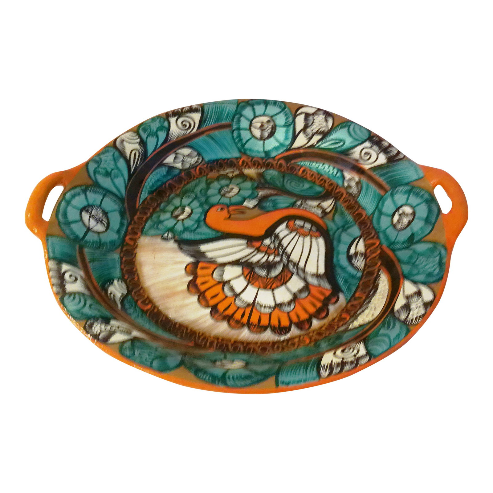 1970s Artisanal Mexican Talavera Pottery Centerpiece Bowl: Striking large artisanal Mexican Talavera hand-painted pottery bowl featuring an exotic bird motif in center with a botanical surround in shades of green, orange, brown and white. Bowl has a glaze on 