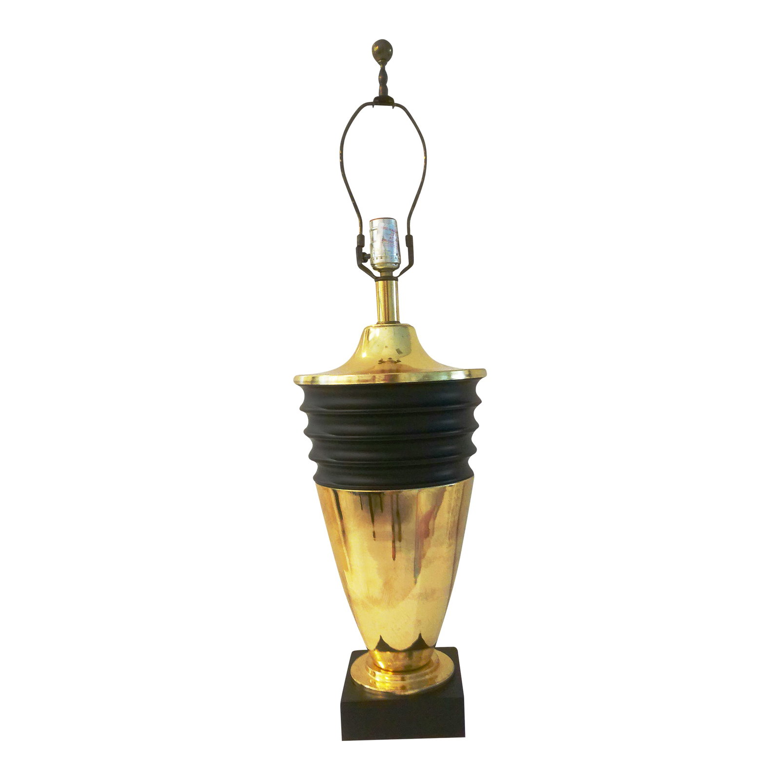 1980s French Atomic Design Black & Gold Lamp: Cool black and gold metal lamp in a mid-century Atomic design. Made in France. Would look great with a black shade. Original wiring in working condition. Takes up to one 150 watt bulb. Dimensions: