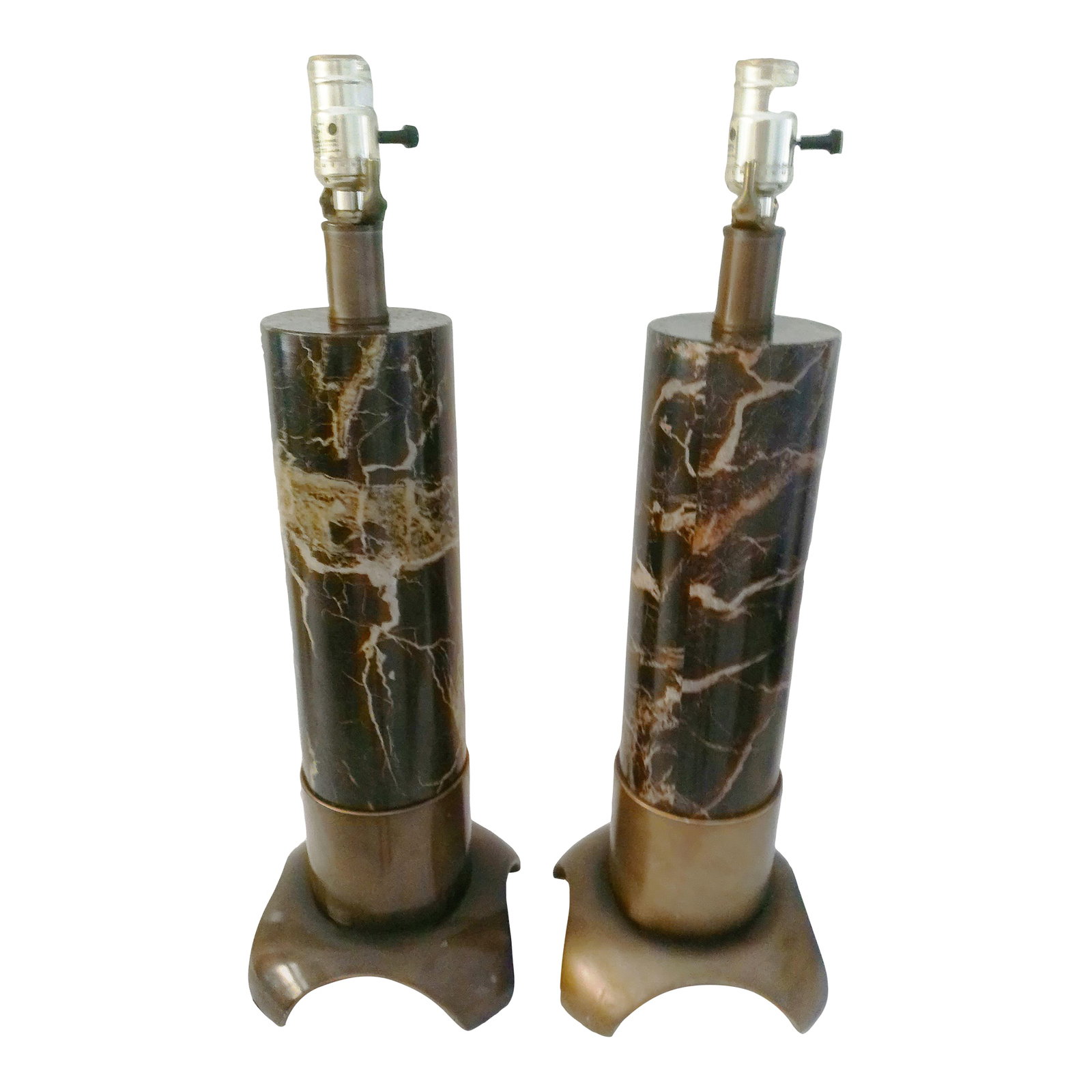Vintage Black & Gold Faux Marble Cylinder Lamps, a Pair: Stylish pair of vintage Hollywood Regency design cylinder lamps featuring burnished brass bases with faux marble design metal cylinder body in shades of black, tan, beige and white. Original wiring