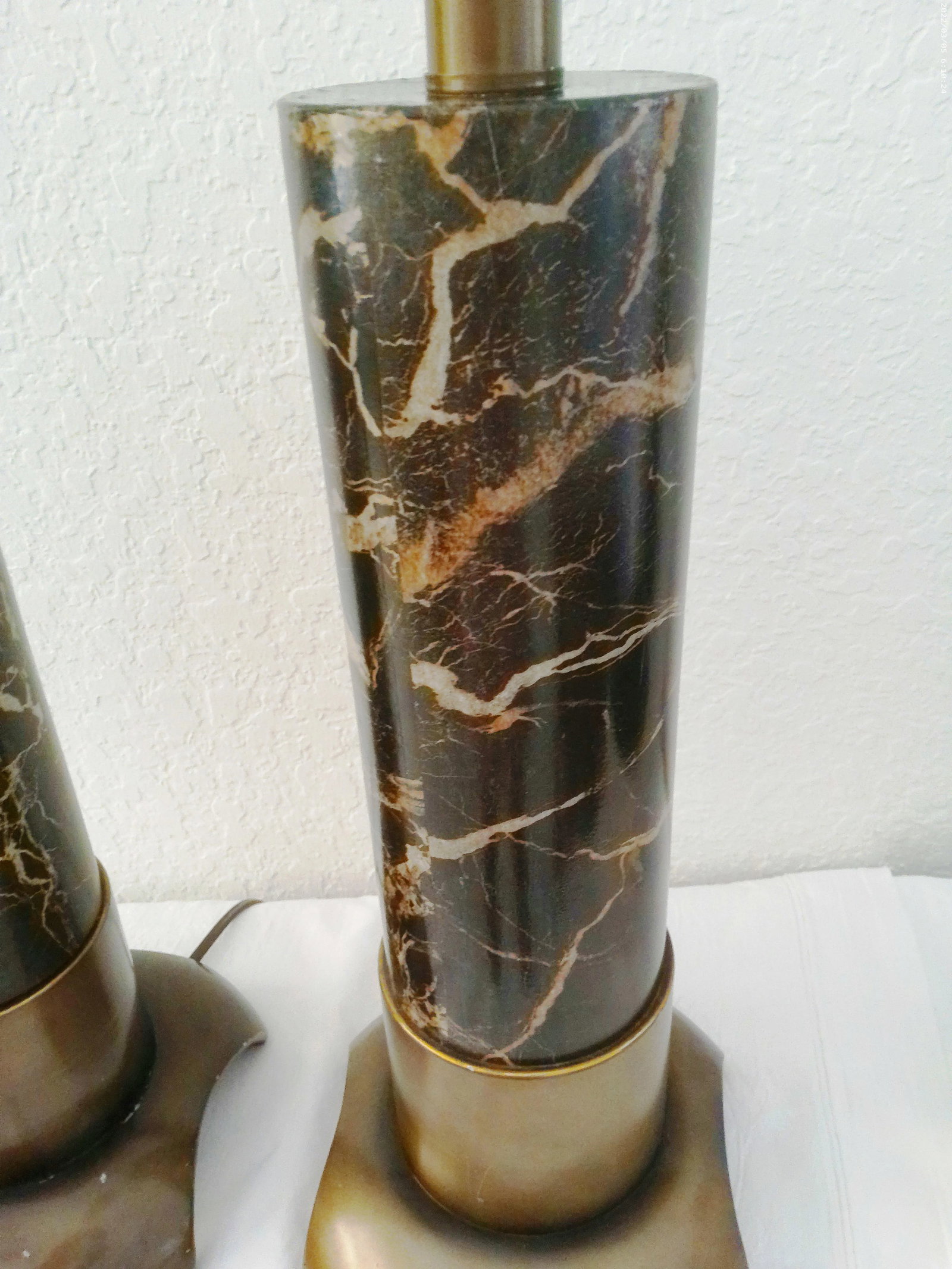 Vintage Black & Gold Faux Marble Cylinder Lamps, a Pair - 3