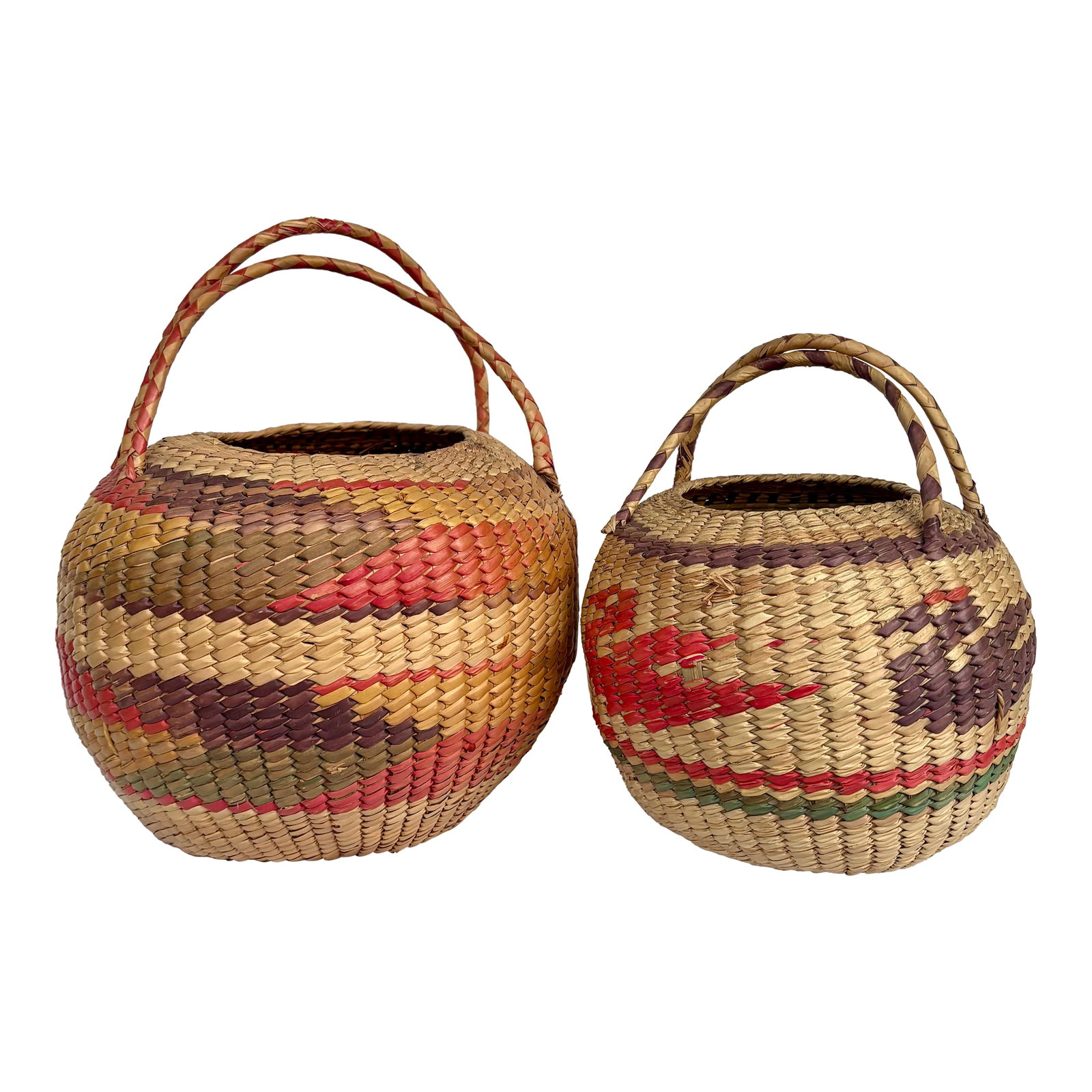 Late 20th Century Vintage Mexican Folk Art Woven Palm Baskets With Handles, Set of 2 (1 of 9)