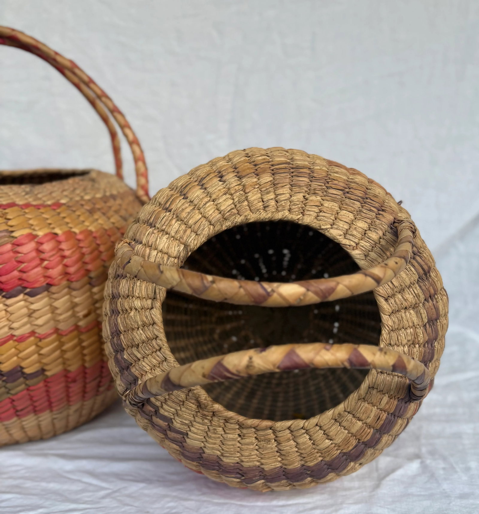 Late 20th Century Vintage Mexican Folk Art Woven Palm Baskets With Handles, Set of 2 - 6
