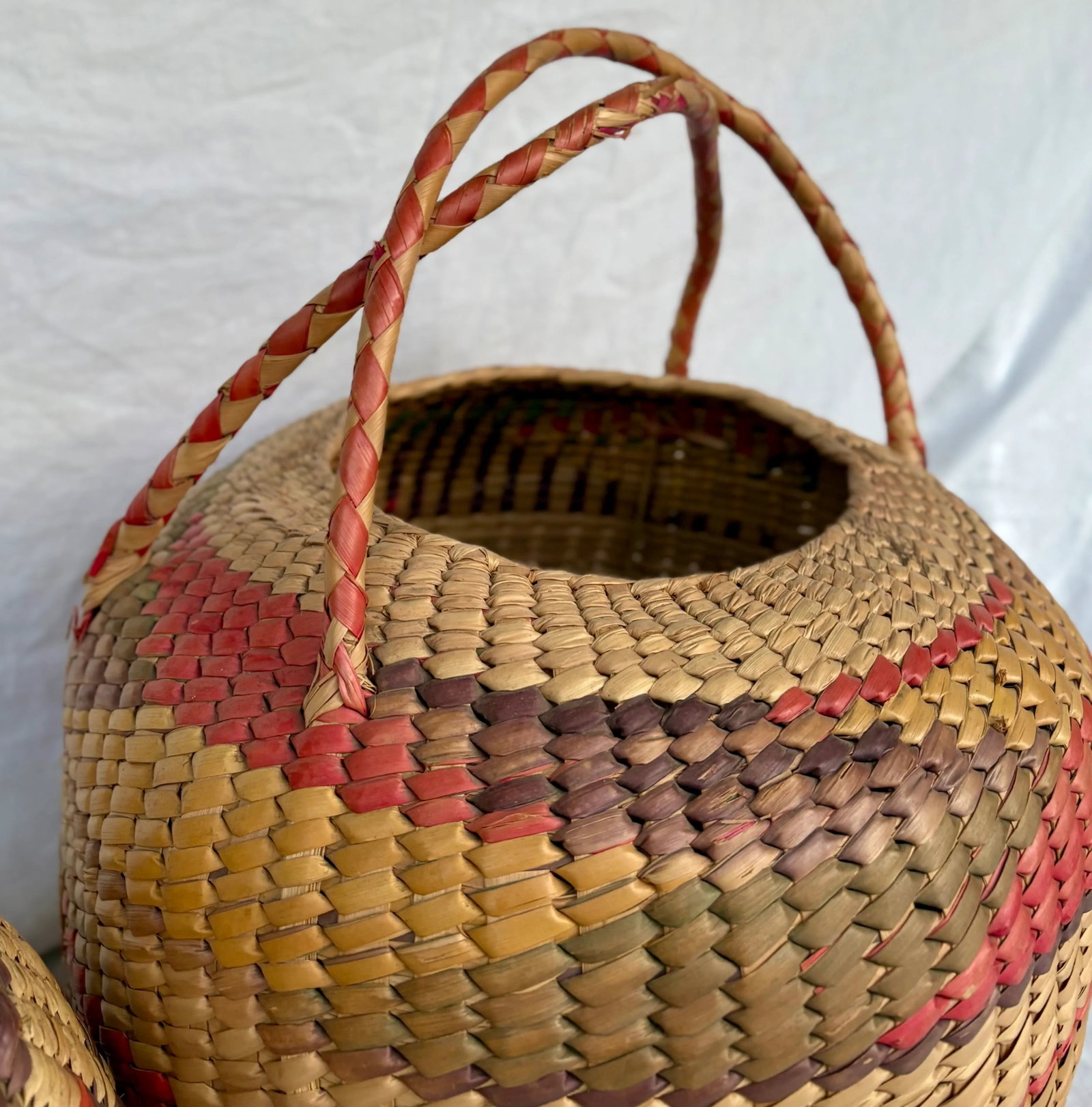 Late 20th Century Vintage Mexican Folk Art Woven Palm Baskets With Handles, Set of 2 - 8