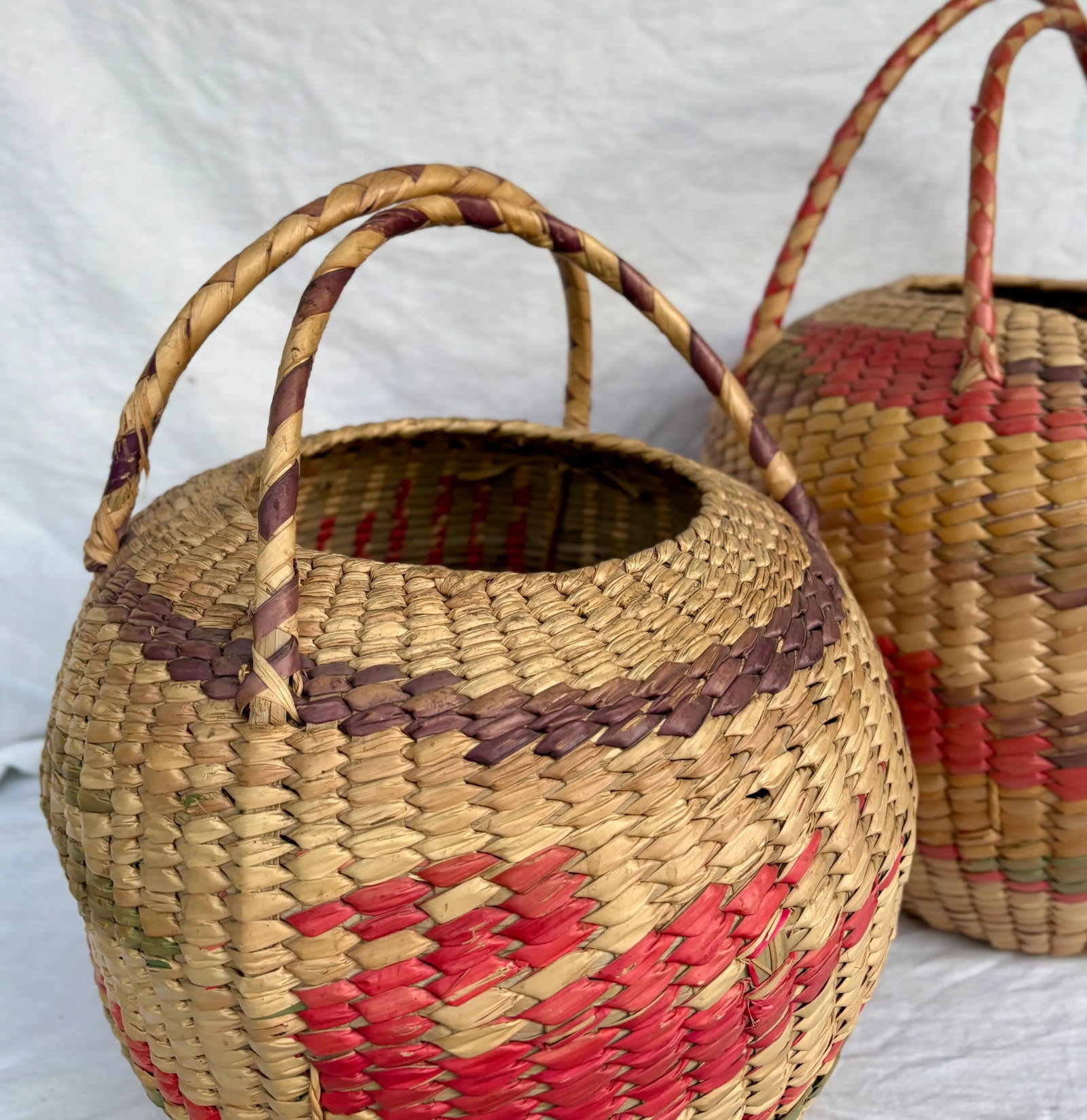 Late 20th Century Vintage Mexican Folk Art Woven Palm Baskets With Handles, Set of 2 - 9