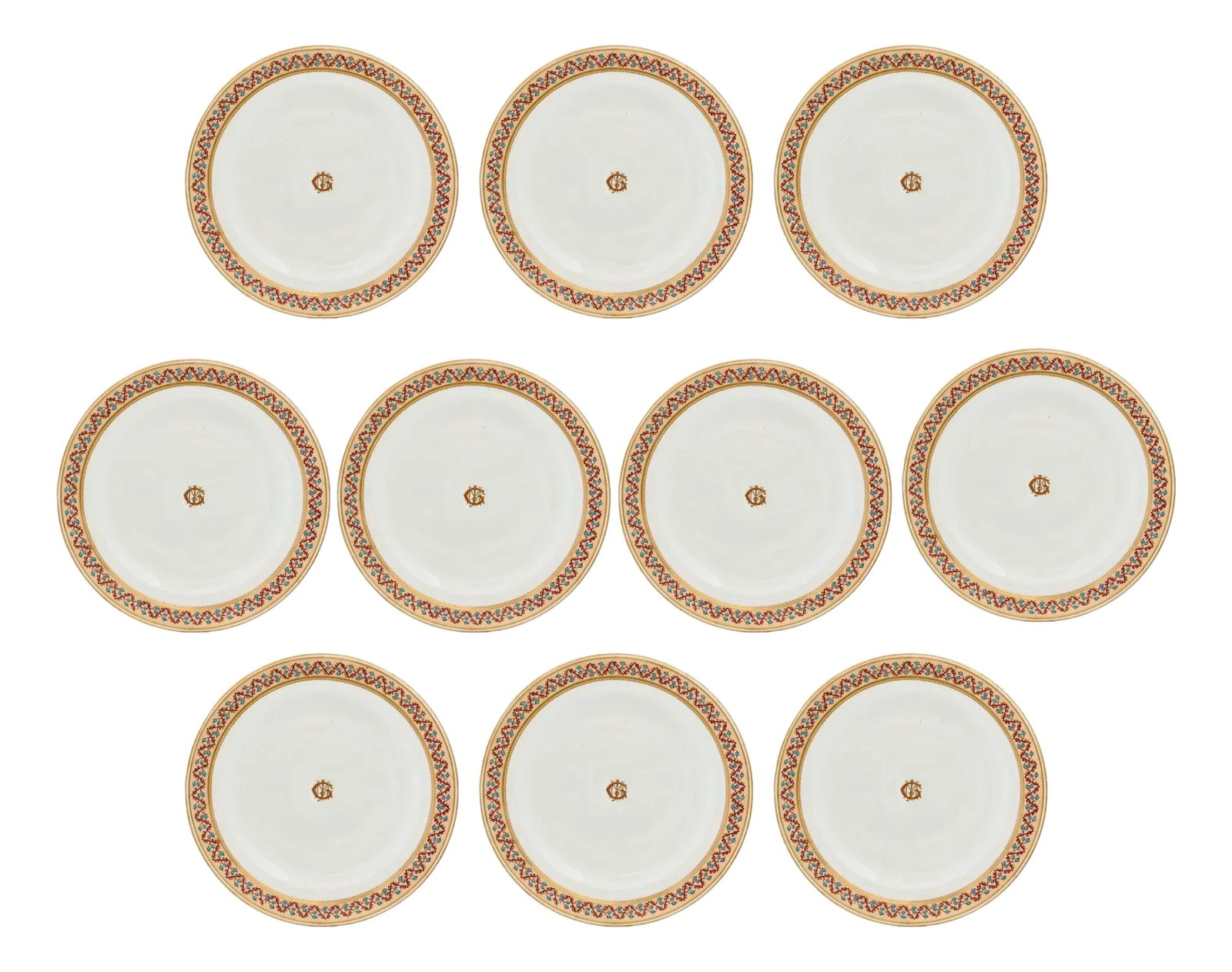 Antique English Hand-Enameled Royal Worcester 10" Dinner Plates - Set of 10: This exquisite set of 10 antique English Worcester porcelain dinner plates features beautifully detailed raised hand-enameled borders accented with intricate turquoise dots. The fine craftsmanship