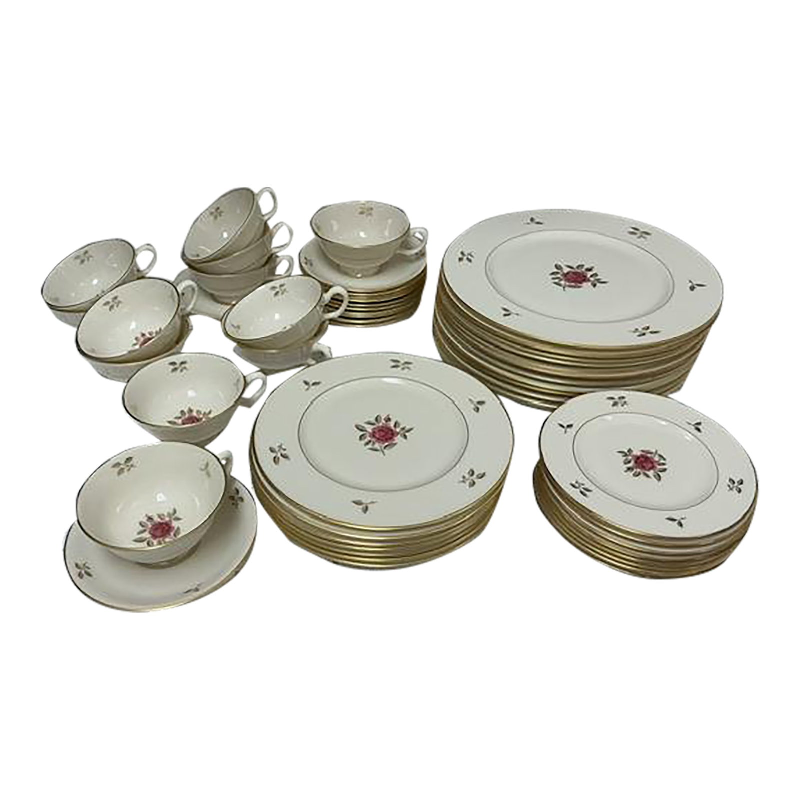1950s Lenox Rhodora China Set- 51 Pieces: In excellent condition, this set of beautiful Lenox Rhodora makes for a gorgeous spring table and beyond! This set was collected starting in the 1950s, when the pattern originated. There are 12 10.25"