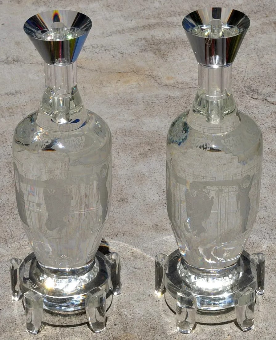 Pair of Large and Heavy Italian Solid Clear Crystal Candlesticks With Etched Art - 13