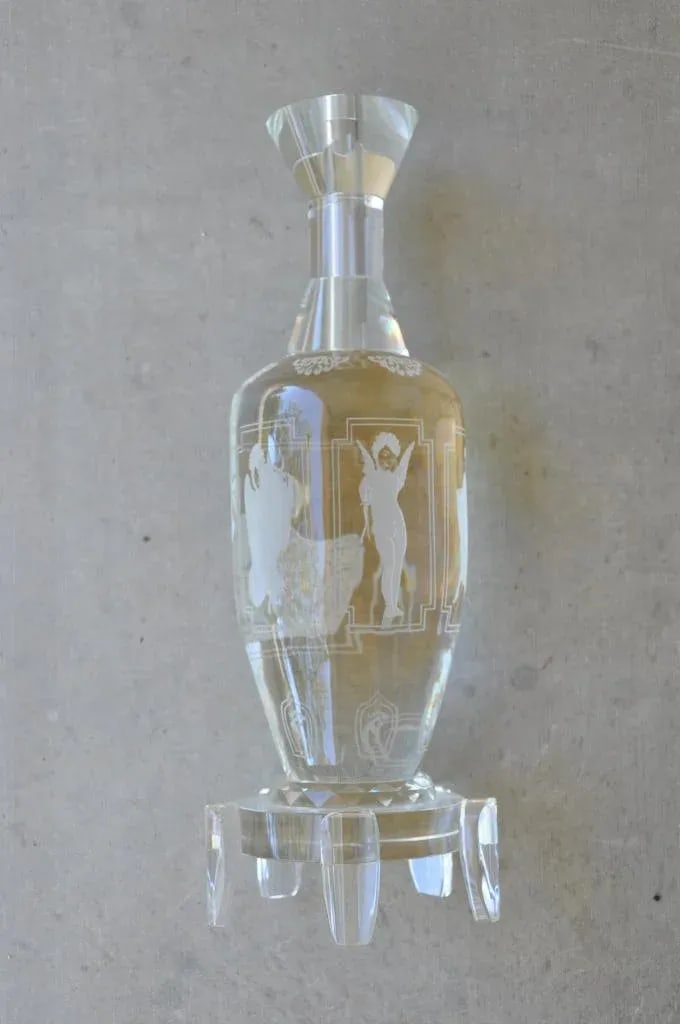 Pair of Large and Heavy Italian Solid Clear Crystal Candlesticks With Etched Art - 2