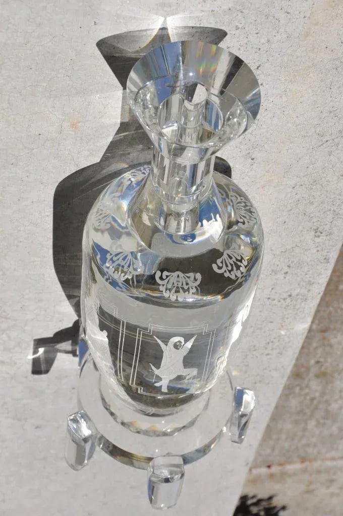 Pair of Large and Heavy Italian Solid Clear Crystal Candlesticks With Etched Art - 3