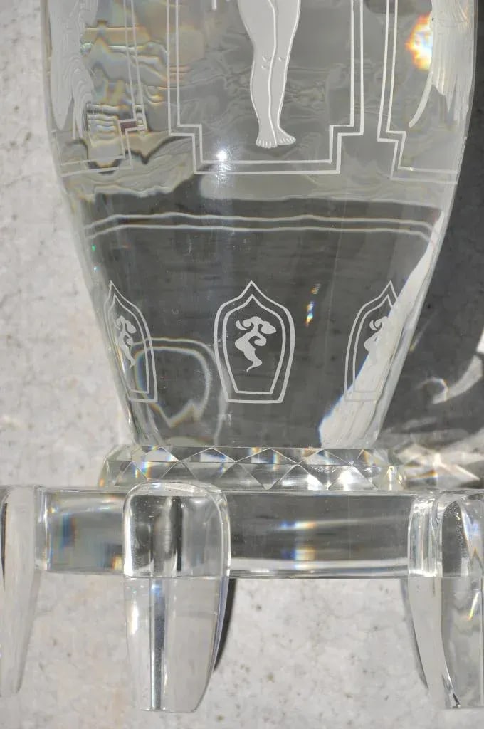 Pair of Large and Heavy Italian Solid Clear Crystal Candlesticks With Etched Art - 4