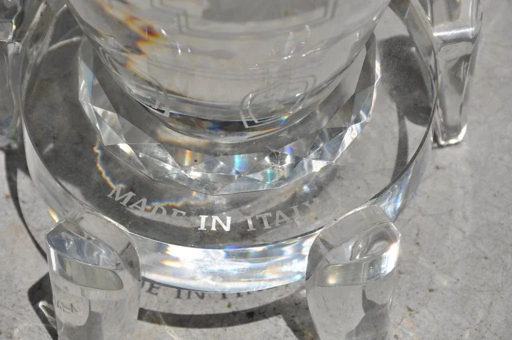 Pair of Large and Heavy Italian Solid Clear Crystal Candlesticks With Etched Art - 5