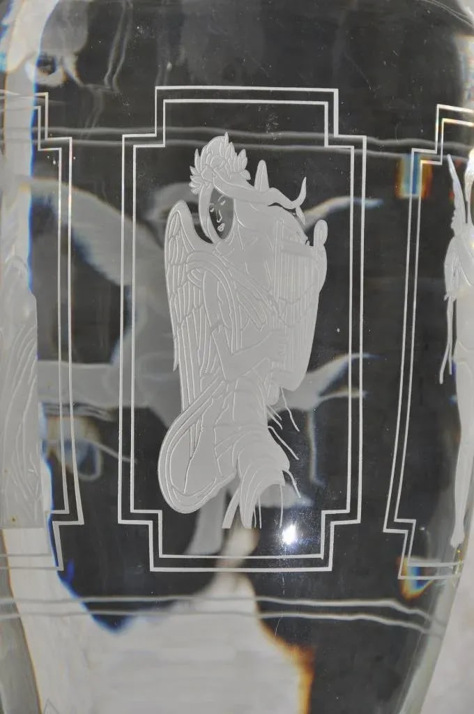 Pair of Large and Heavy Italian Solid Clear Crystal Candlesticks With Etched Art - 6