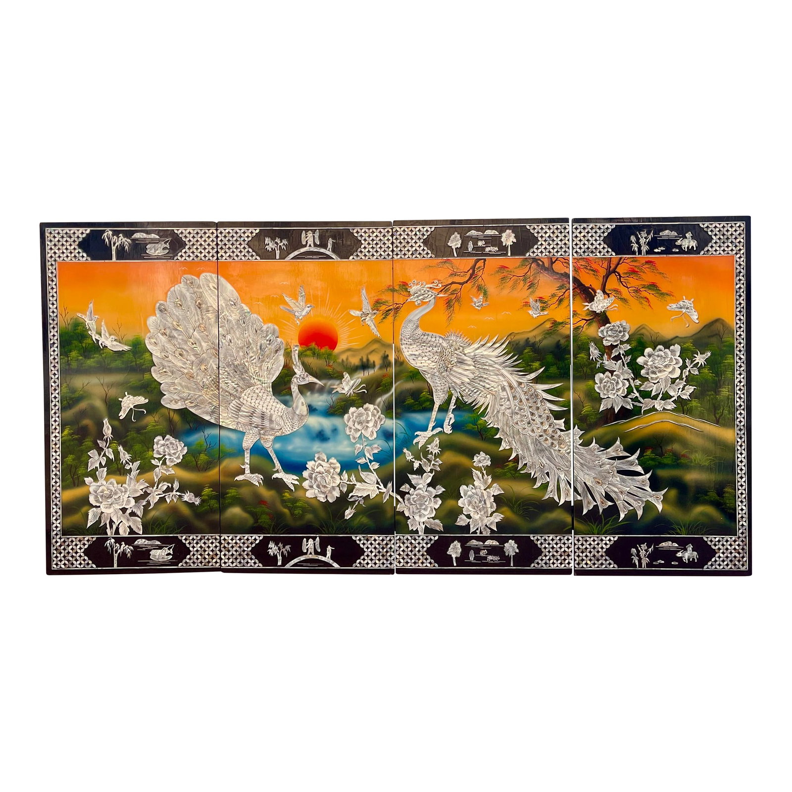 Large Vintage Mother of Pearl Four Panel Peacocks Asian Chinese Wall Screen: Gorgeous four-panel wall screen depicting two peacocks facing each other against a backdrop of a sunset, a lake surrounded by floral motifs. The mother of pearl is used to create the details of the