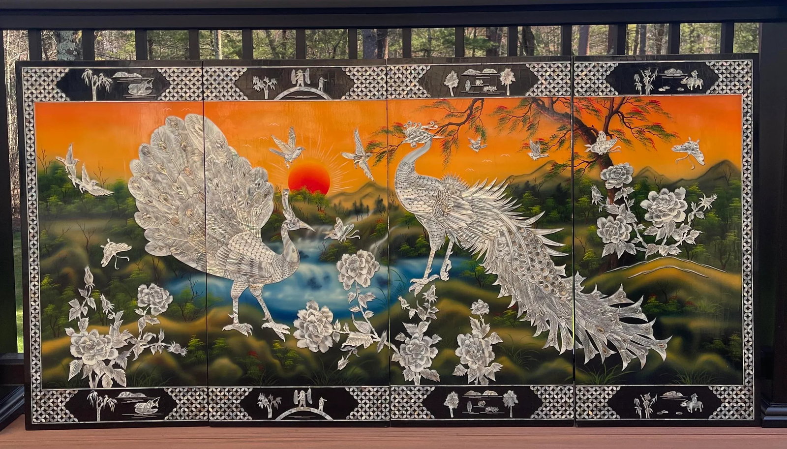 Large Vintage Mother of Pearl Four Panel Peacocks Asian Chinese Wall Screen - 2