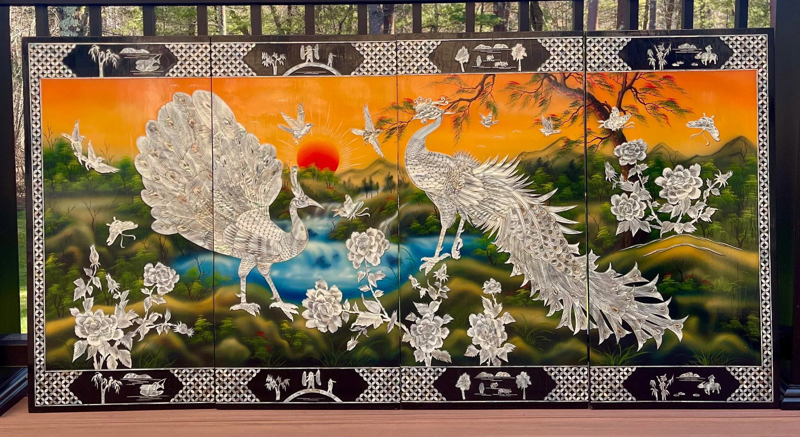 Large Vintage Mother of Pearl Four Panel Peacocks Asian Chinese Wall Screen - 3