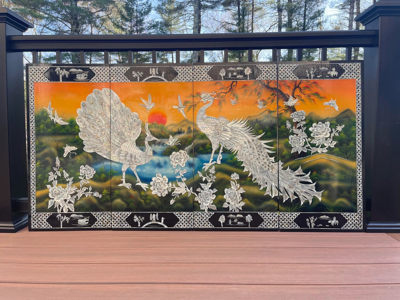 Large Vintage Mother of Pearl Four Panel Peacocks Asian Chinese Wall Screen - 5