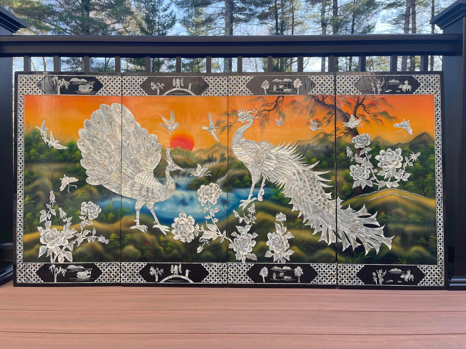 Large Vintage Mother of Pearl Four Panel Peacocks Asian Chinese Wall Screen - 6
