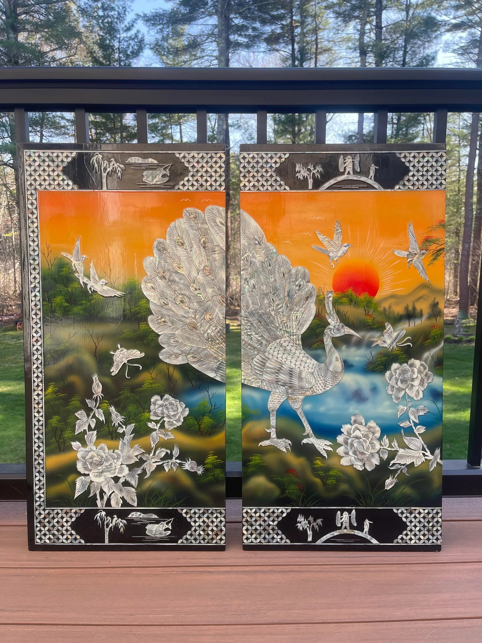 Large Vintage Mother of Pearl Four Panel Peacocks Asian Chinese Wall Screen - 8
