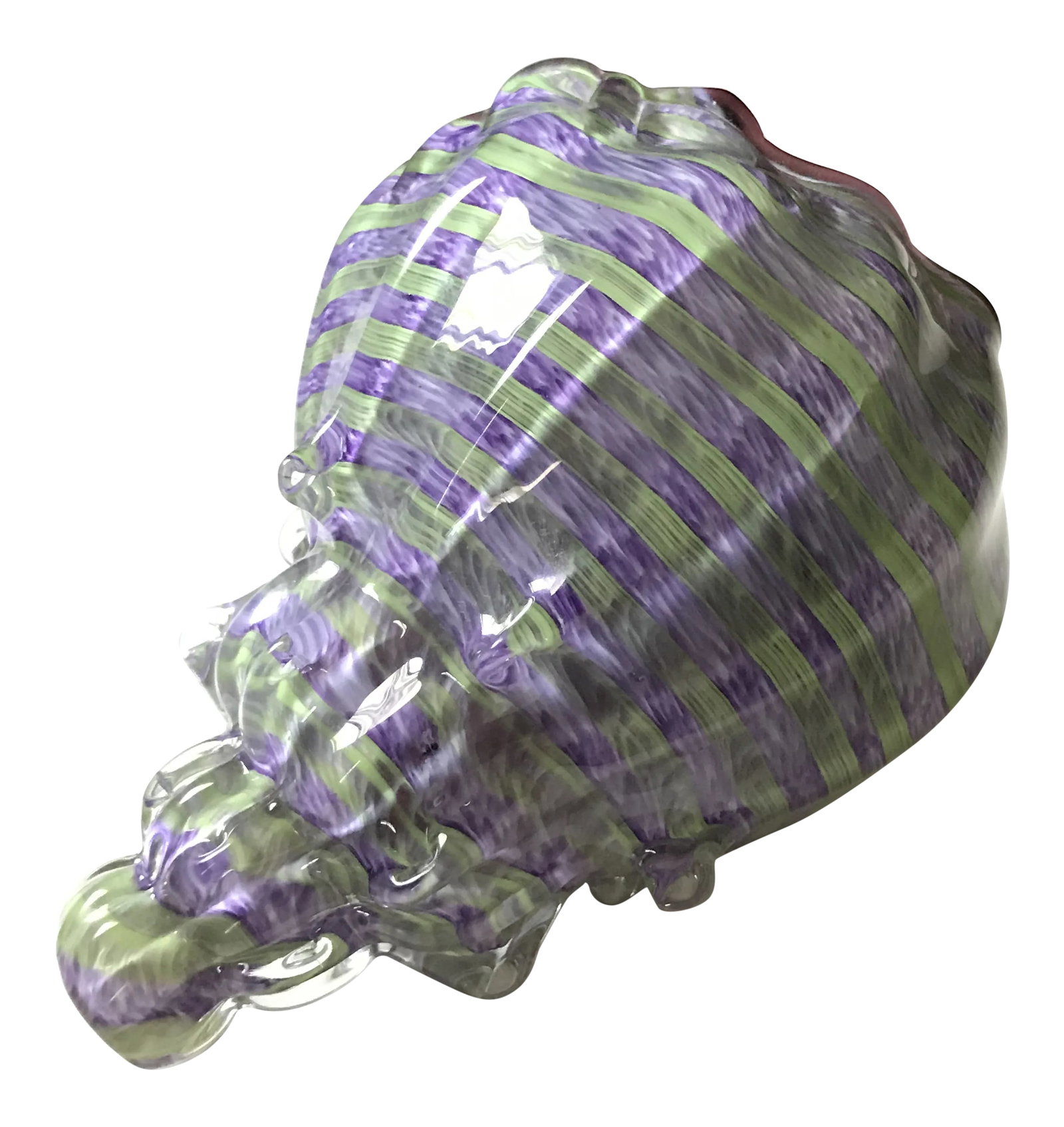 Handmade and Signed Glass Conch Seashell in Purple and Green: This beautiful large Purple and Green Conch Shell with its symetrical ribbing and perfectly detailed is stunning. Signed by its artist. Condition: Alterations: Original Condition Unaltered
