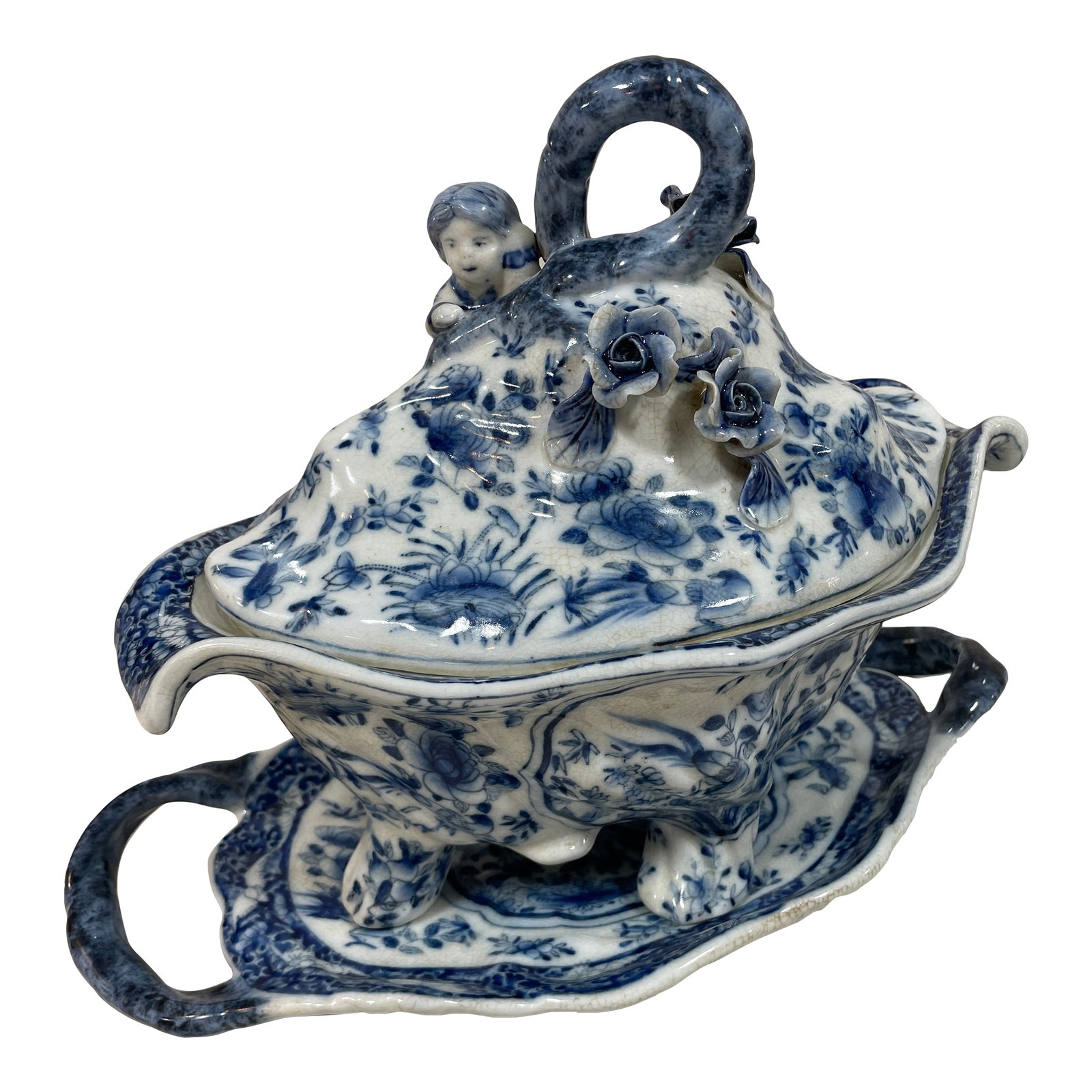 Early 19th Century Antique Lidded Tureen and Under Plate in Dutch Delft Style: This striking 19th-century lidded tureen is an extremely rare find and an excellent example of Dutch Delft-style pottery. Handcrafted in the traditional blue and white palette, the piece is adorned