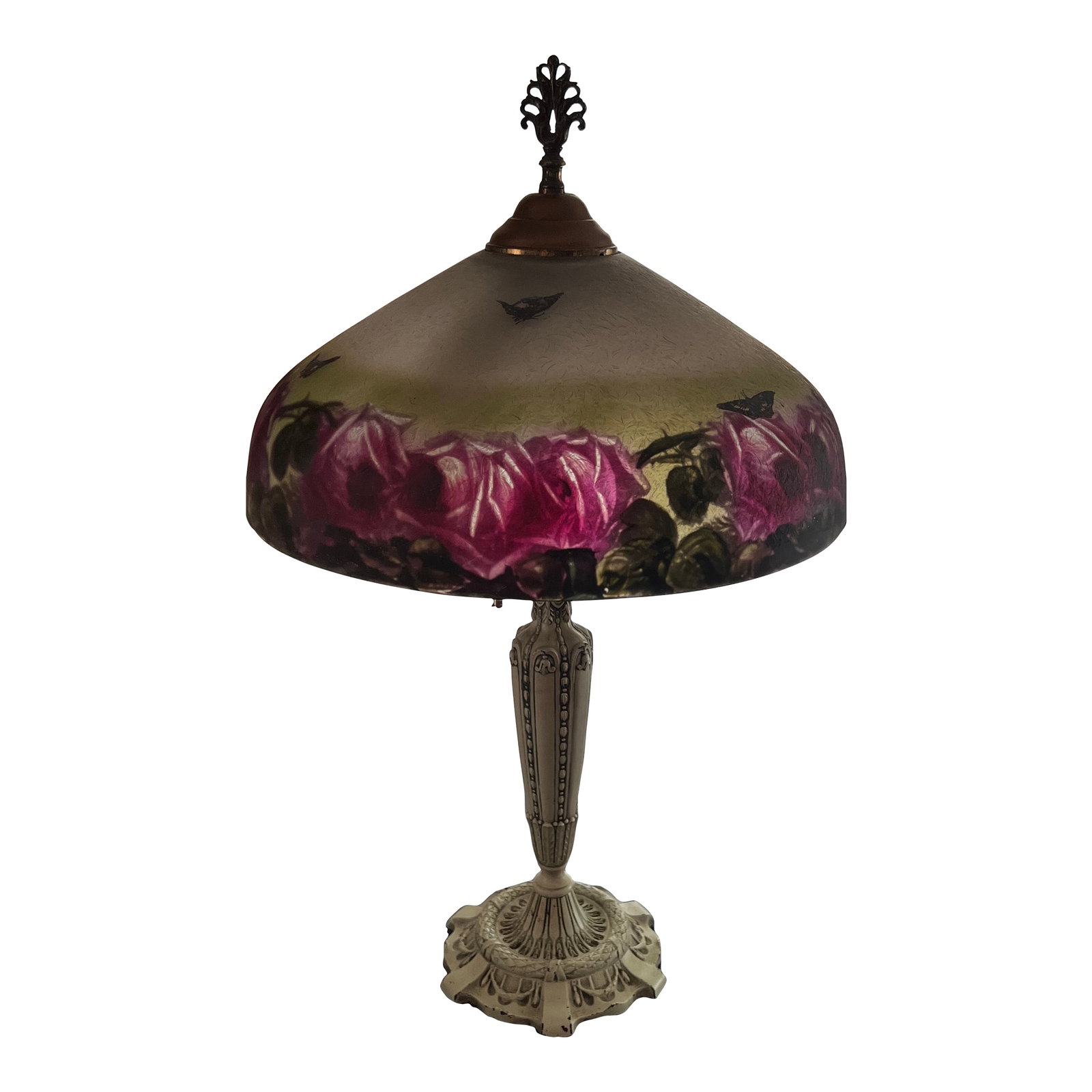 Antique Reverse Painted Lamp Featuring Cabbage Roses, Fully Restored & Rewired: Stunning antique lamp fully restored and rewired. Features a reverse handpainted shade in the style of Pittsburgh, unsigned. Available exclusively on Chairish. Beautifully detailed chipped ice glass